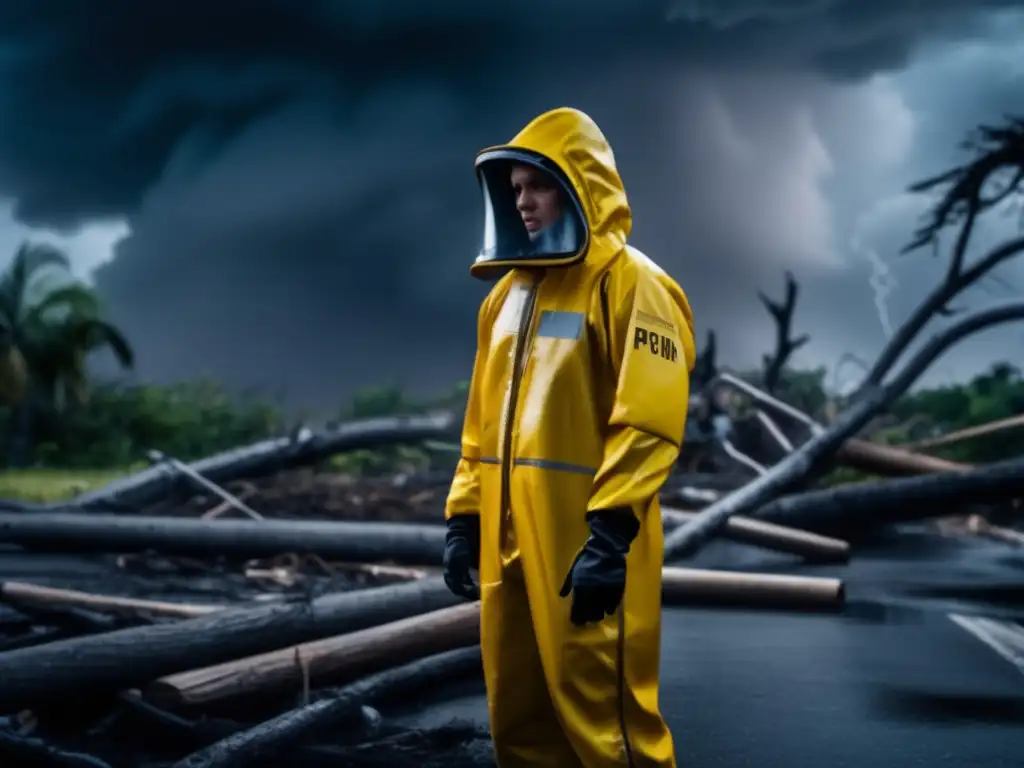 Amidst the chaos and destruction caused by the hurricane, a person in a hazmat suit stands tall, ready to face the storm