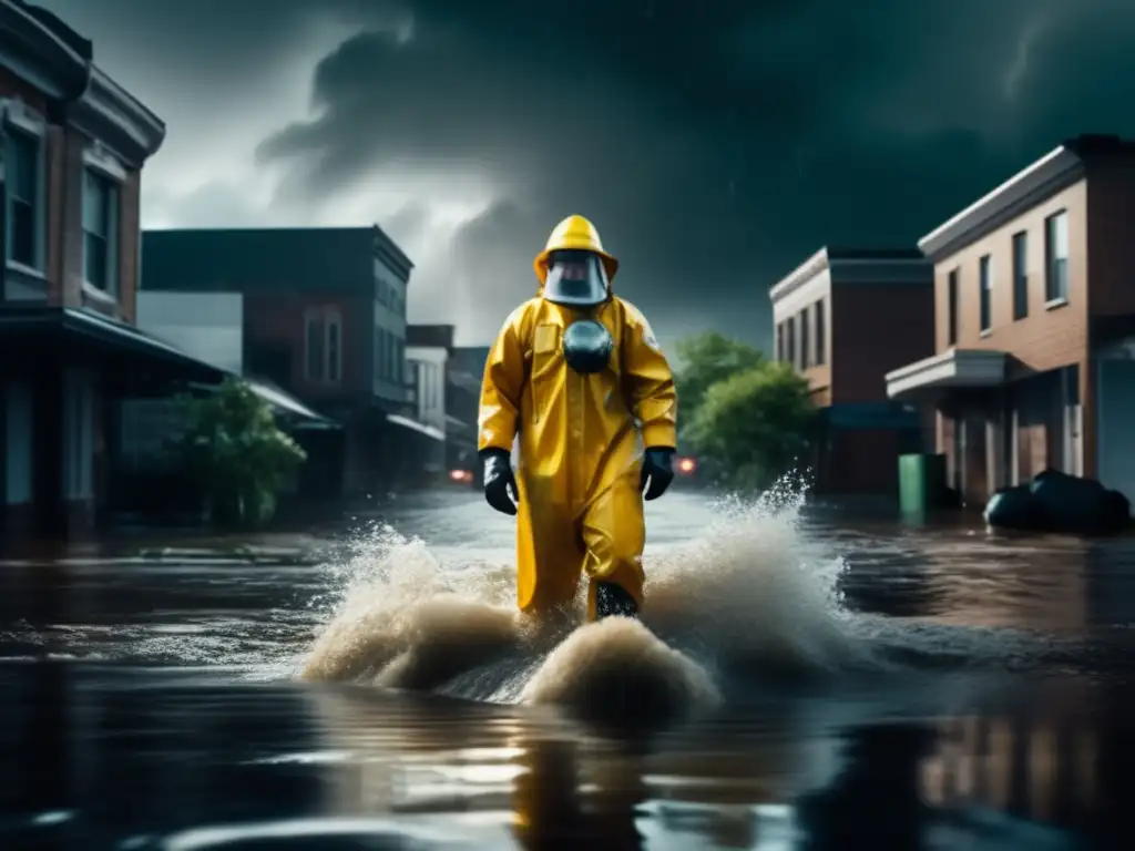 A person in a hazmat suit brave enough to face the flooded city street, wading through debris with a stormy sky in the background