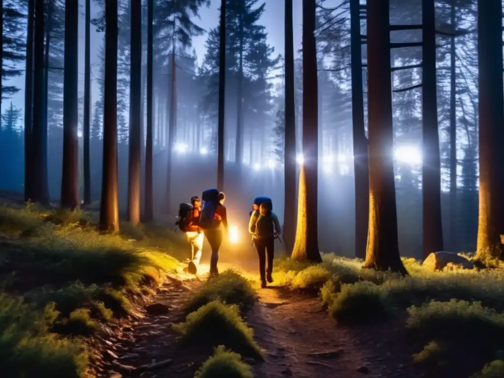 A haunting image of a group of adventurers navigating through a dense forest with headlamps guiding their way