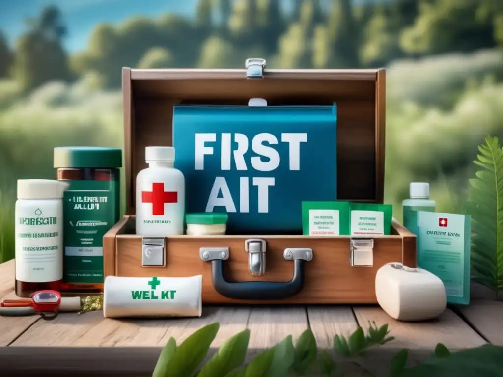 Organized first aid kit in a rustic wooden box surrounded by lush greenery and clear blue sky