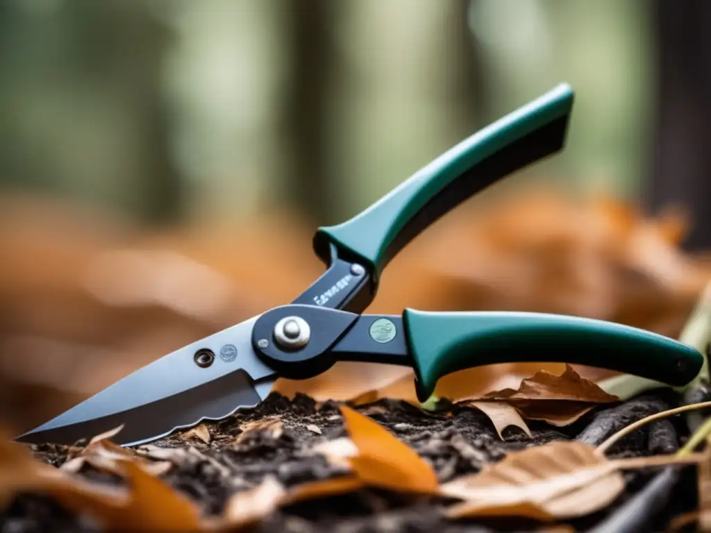 A closeup of a pair of heavy-duty pruning shears with a sharp, serrated blade and a sturdy handle, surrounded by dried leaves and twigs