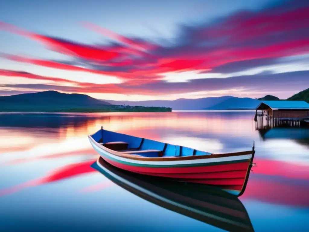 A vibrant red and white striped heavy-duty tarpaulin cover protects a small boat at dawn, floating peacefully on transparent water