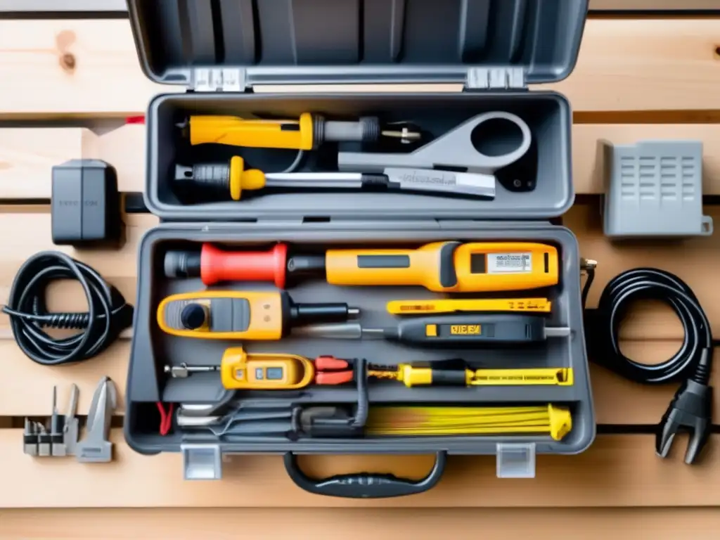 A toolbox filled with heavy-duty power tools and charging devices, coiled by a HeavyDuty Extension Cords  