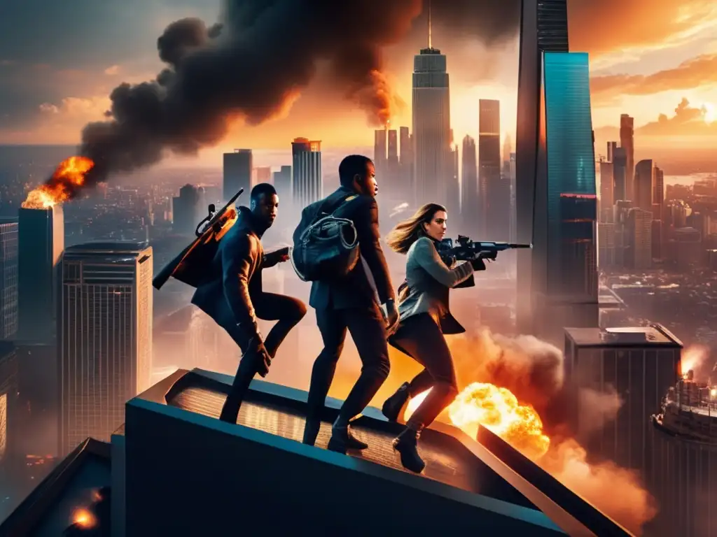 A thrilling heist in progress as the team scales the side of a towering skyscraper, mindful of smoke and explosions in the distance