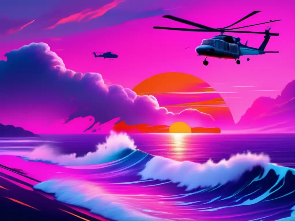 A cinematic image of a helicopter flying above the blue ocean, with a tsunami wave in the distance