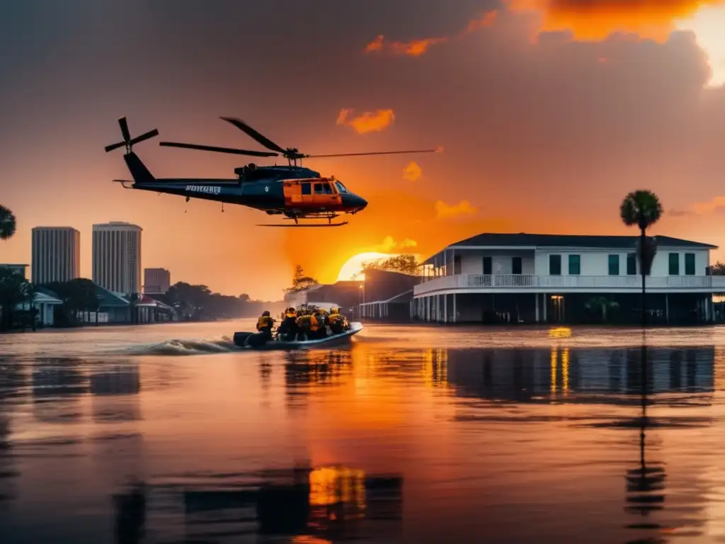 A riveting cinematic style picture of a helicopter hovering above the ravaged flooded streets of New Orleans during Hurricane Katrina