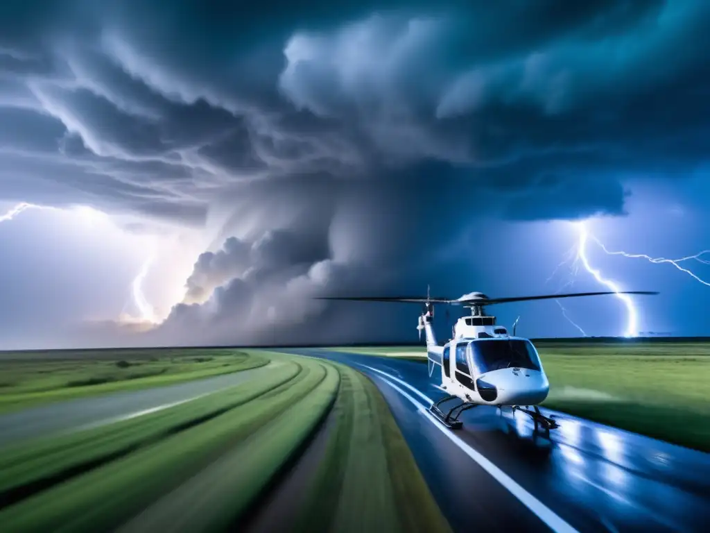 A team of brave storm chasers aboard a helicopter navigate through the eye of a hurricane, capturing vital data and high-resolution images