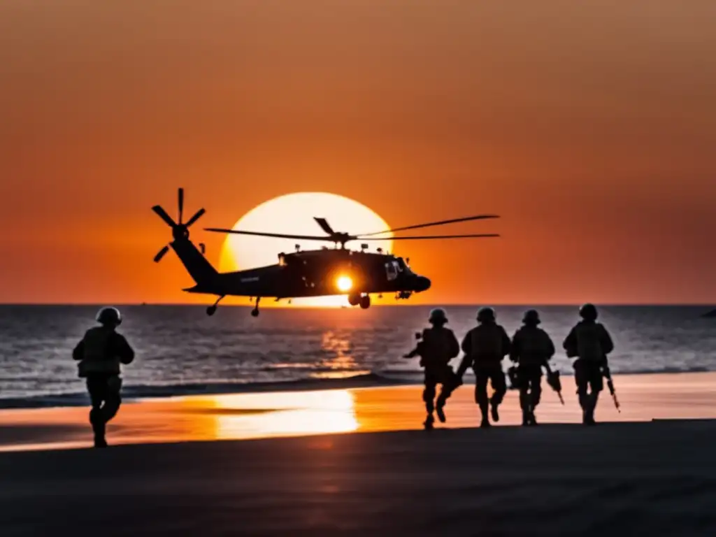 Black and white cinematic still captures the tension and danger of a rescue mission over the vast ocean, with orange sun setting on the horizon