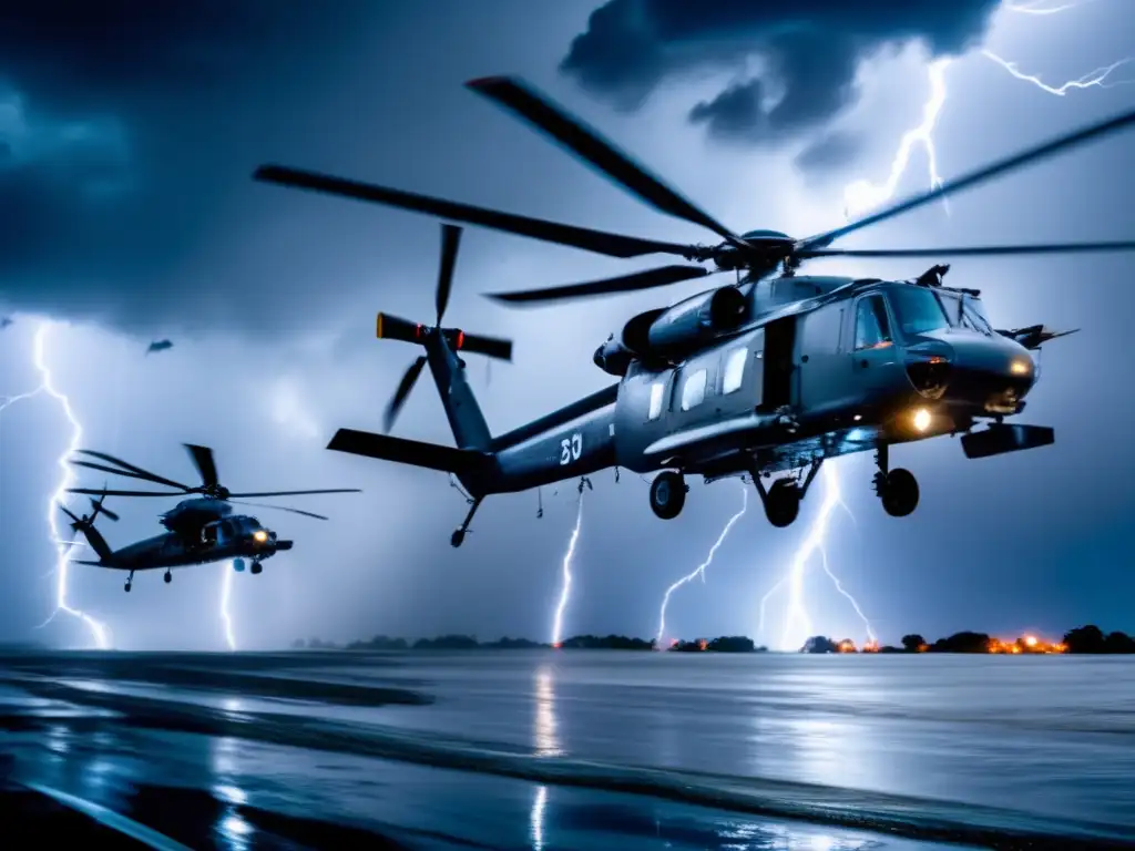 A riveting image of a group of helicopters soaring through a tempestuous sky, lightning bolts piercing the night, rainfall drenching the landscape