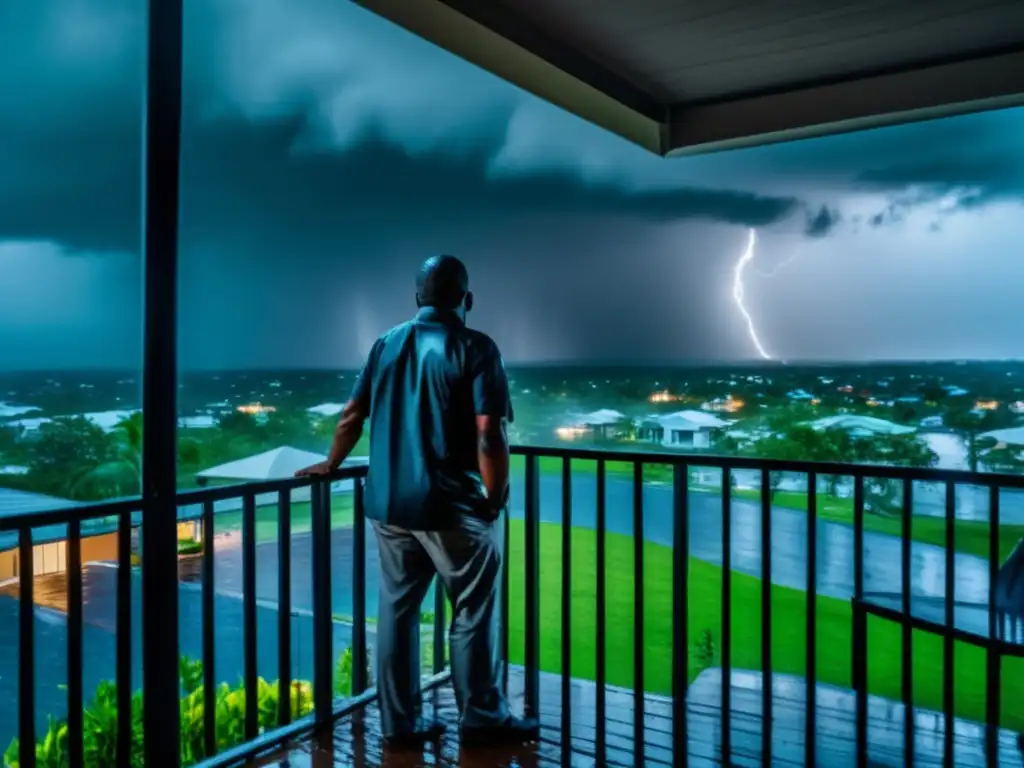 A man standing on his balcony during a hurricane, monitoring the neighborhood for signs of distress, with the sound of heavy rain in the background