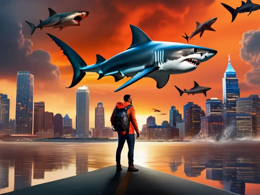 A heroic person faces the orange skies and massive sharks, fighting to save the city from destruction in the 'Sharknado' film