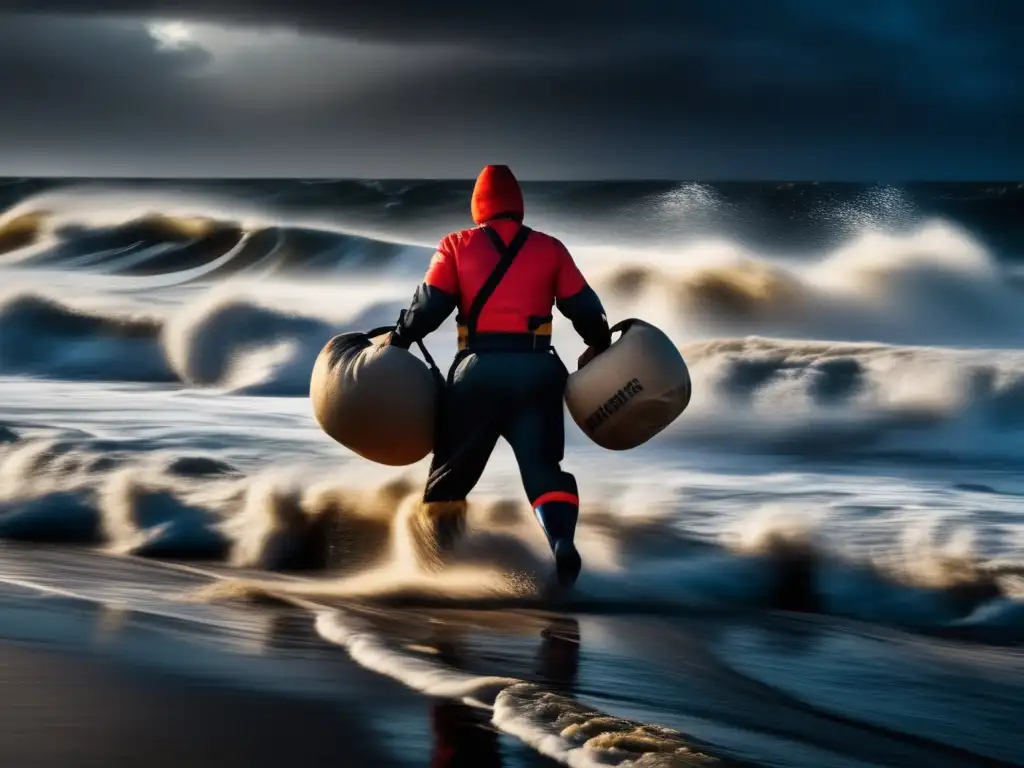 A thrilling image of a lifesaver bravely battling against powerful waves to save multiple people stranded by a sudden storm