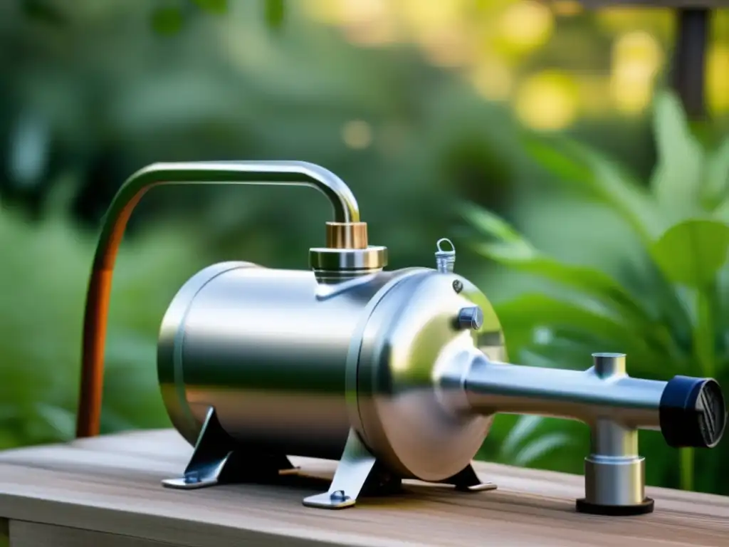 A sleek, silver gasoline siphon pump with an improved nozzle design stands proudly on top of a wooden barrel in a rustic setting