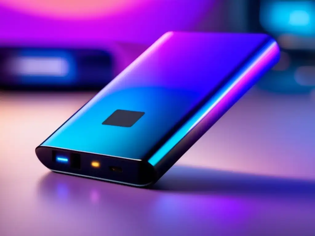 A sleek, black power bank, tilted slightly at an angle, reflects a gradient of blues and purples in the background, emanating mist-like mist