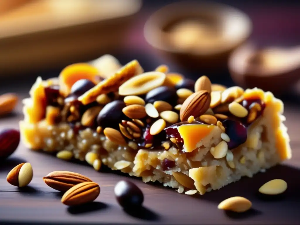 A luxuriously textured, high-calorie energy bar is showcased in this cinematic-style closeup image, showcasing its nutritious ingredients such as nuts, seeds, fruits, and grains