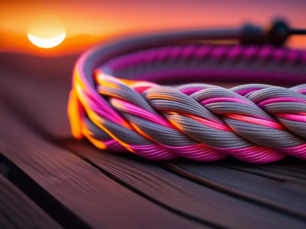 A 8k heroic paracord, coiled on a wooden surface, basks in the warm orange and pink glow of a setting sun, casting cinematic magic