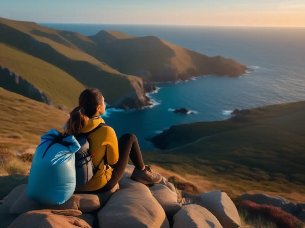 A woman in peaceful solitude, sitting on a rocky cliff, holds a dry bag filled with clothes