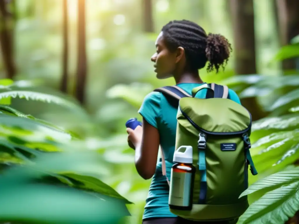 A serene woman hiking through a dense forest, surrounded by lush greenery and a clear stream