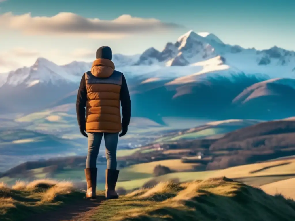 A person in a body warmer stands atop a hill, taking in the stunning view of a snowy mountain range with warm-glowing boots, gloves, and coat, the emblem of a body warmer visible