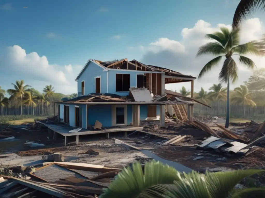 A dramatic aerial view of a hurricane's destruction: House crumbling, trees uprooted, debris scattered