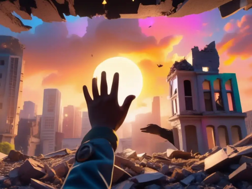 Amidst the wreckage of a fallen building, a hand reaches high, cracking through the debris