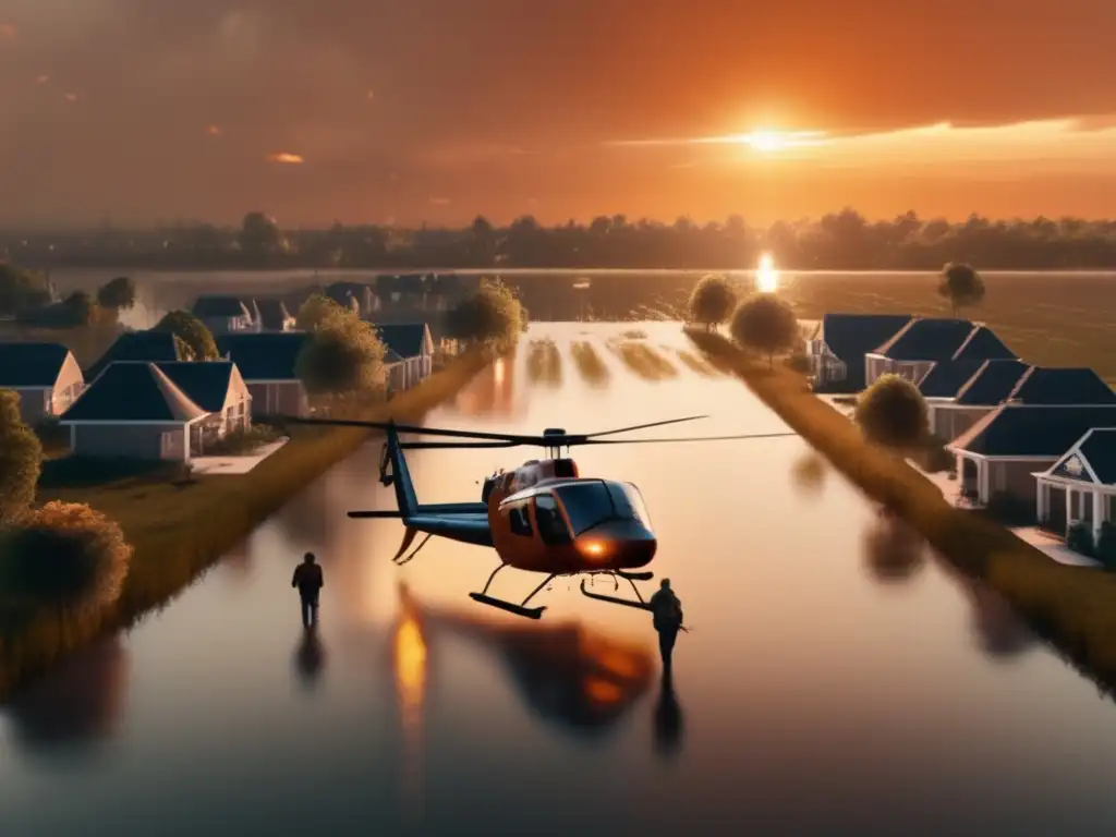 A breathtaking aerial view of a helicopter hovering over a flooded town, casting a warm orange glow on the water as the sun sets in the distance