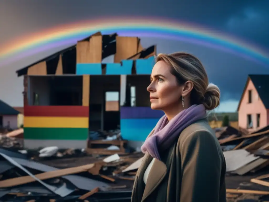 Lady stands resiliently in front of destroyed house, hopeful eyes glinting towards the rainbow appearing in the distance