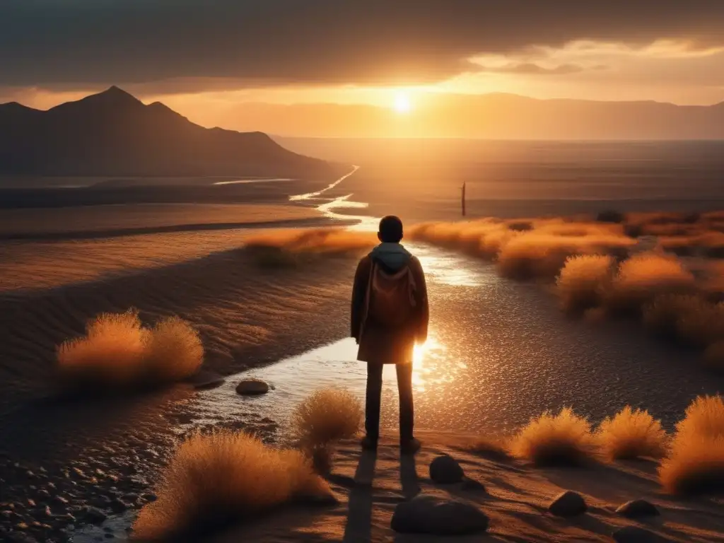 A person stands tall on a sunset Riverbed, raindrops falling ominously behind, symbolizing resilience and hope in adversity