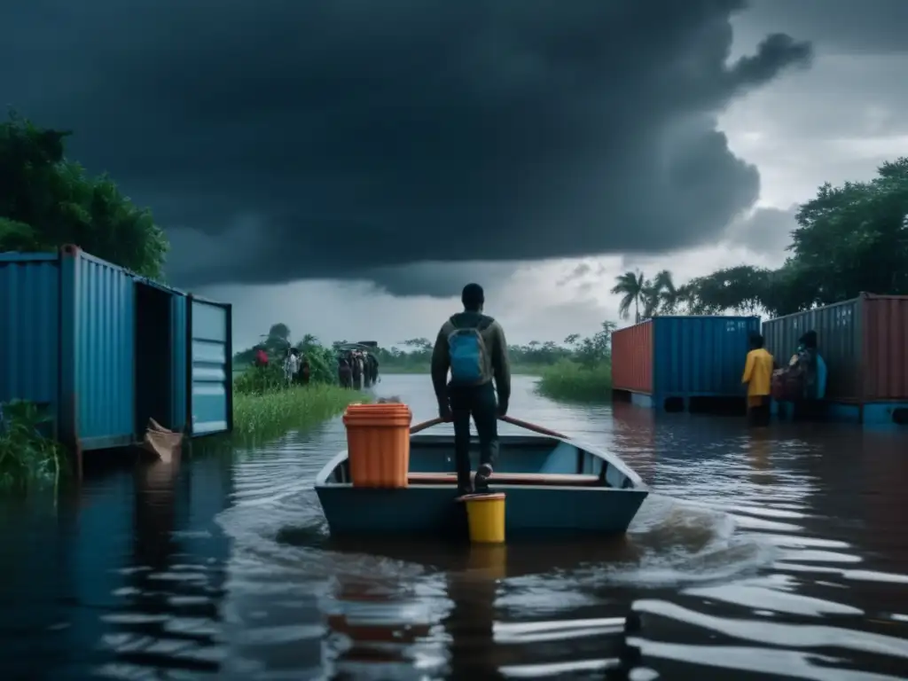 A dramatic image of a lone figure standing on a submerged barrier wall, surrounded by the chaos of a flooded community