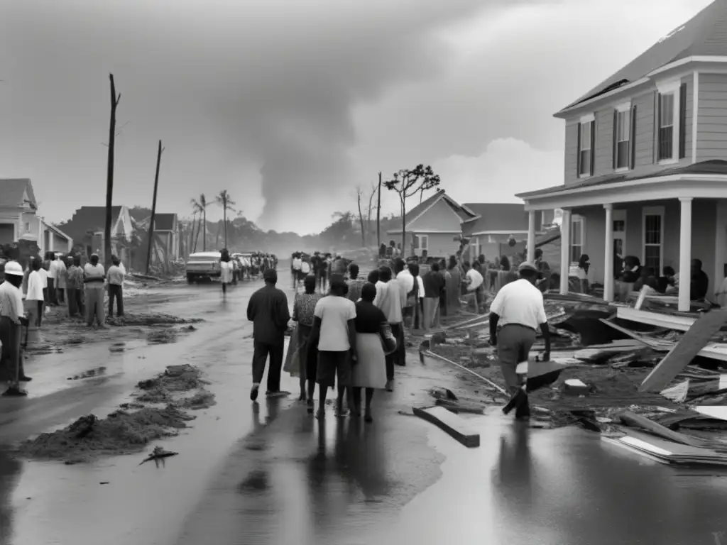 A emotional black and white photo of a united community standing together to rebuild after a devastating hurricane