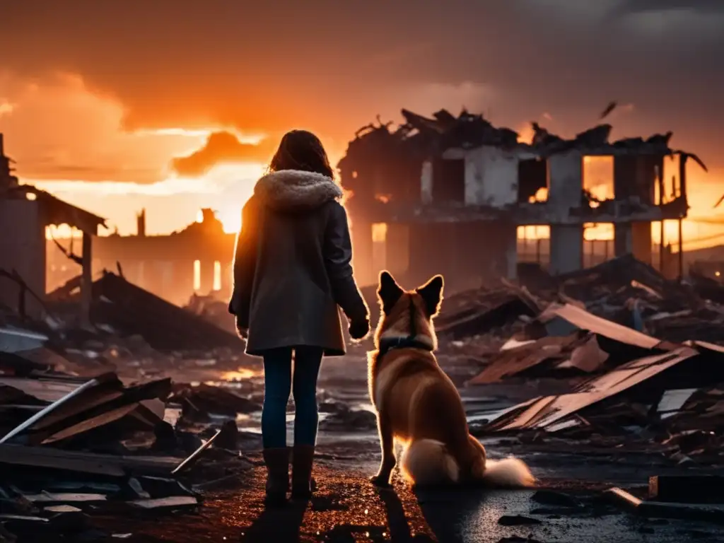 A touching moment captured in the aftermath of a devastating storm, as a person and a dog sit hand in hand, surrounded by debris and despair