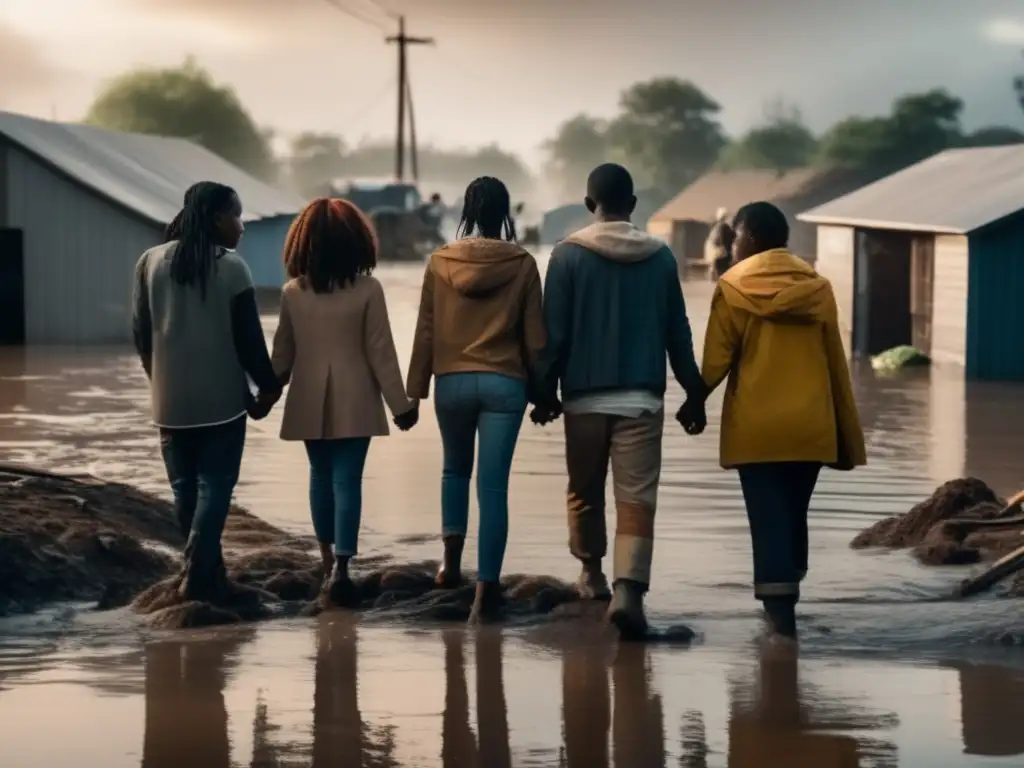 A group of people, holding hands and looking towards a brighter future, huddle together in a flood-damaged community