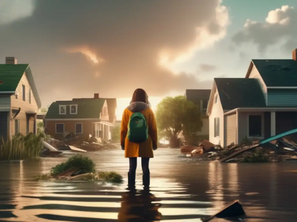 A person stands tall amidst destruction, gazing towards the horizon with hope, surrounded by debris, a clear sky, and sunshine