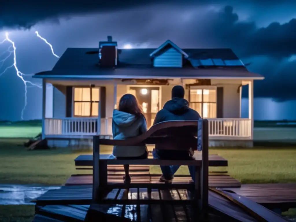 A poignant scene of couple finding solace on porch amidst storm, as hopeful gaze captures efforts after hurricane disaster, from Informative 'Disaster Unemployment Assistance After A Hurricane'