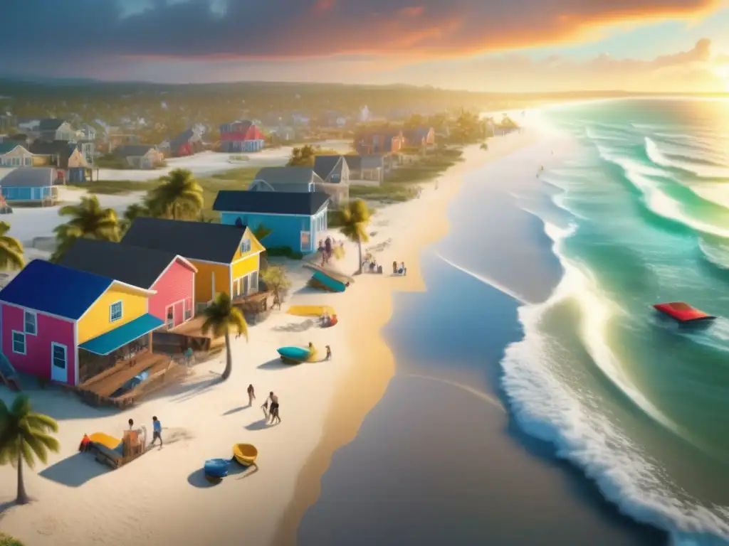 A dynamic and vivid 8k ultradetailed image of a resilient beach town recovering from a hurricane