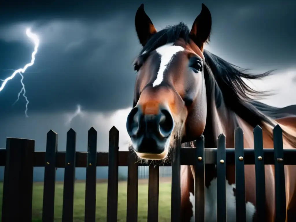 A cinematic masterpiece of danger: a horse's muzzle pressed against a rattling gate in a stormy, ominous background