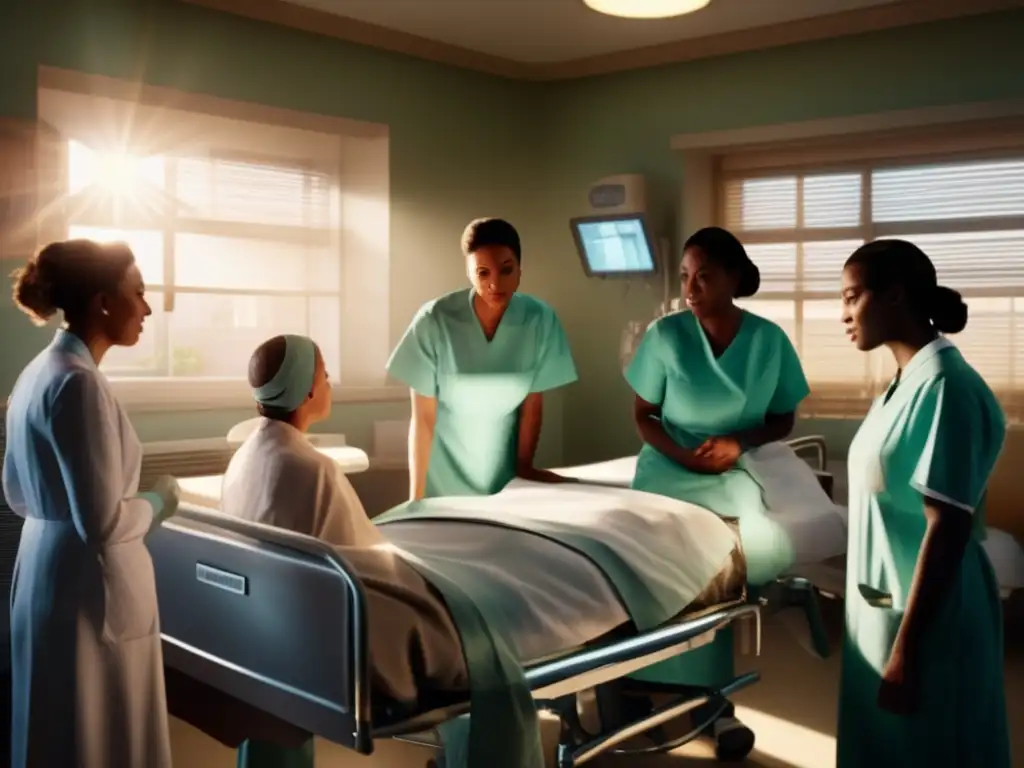 Amidst air raid sirens, a nurse tends to a patient in a surgical gown, while sunlight filters through the ceiling in a hospital room