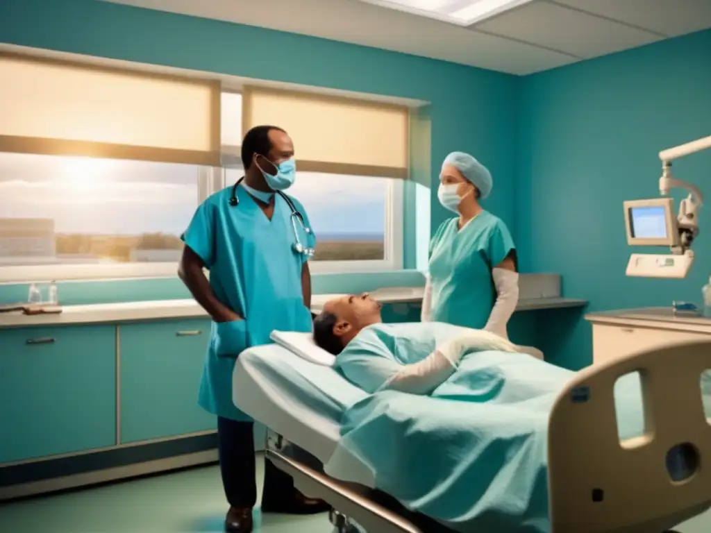 A large goldenwhite surgery room with a bright blue sky visible through a window