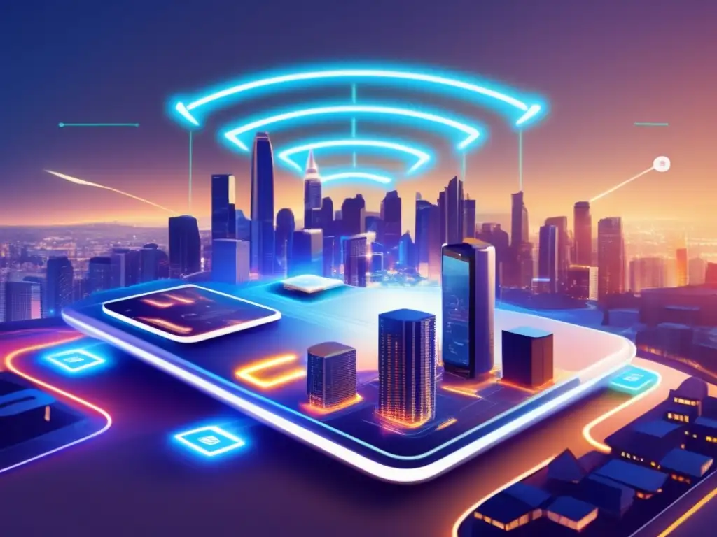 A vibrant cityscape bustles with life as multiple mobile devices are effortlessly connected to a central router, their glowing arrows guiding the way