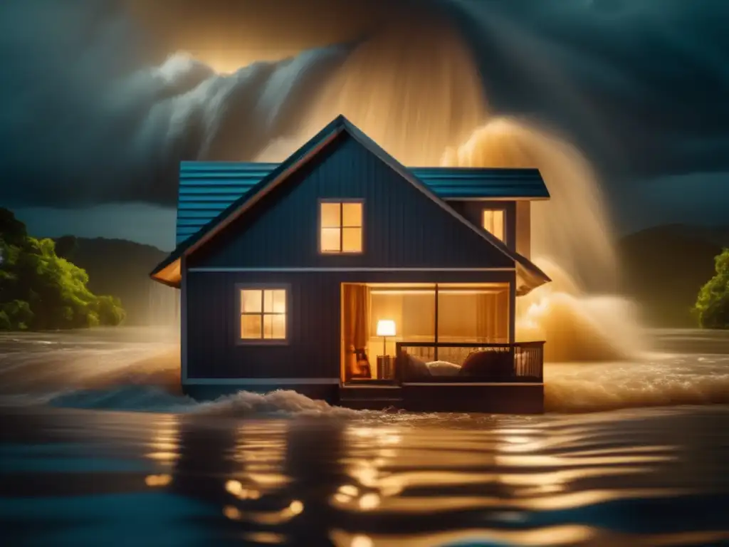 Amidst the raging floodwaters, a beautifully lit floating house stands tall, a beacon of hope and life amidst the devastation