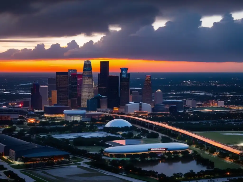 A somber aerial view of Houston's skyline, with the sun sinking behind the city