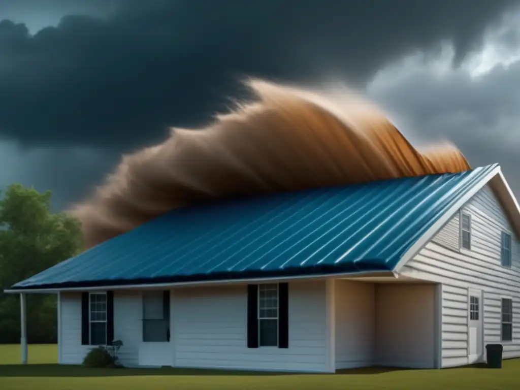 A cinematic image of a strong hurricane blowing away a tarped roof, tearing apart and distorting the fabric of the structure in its path