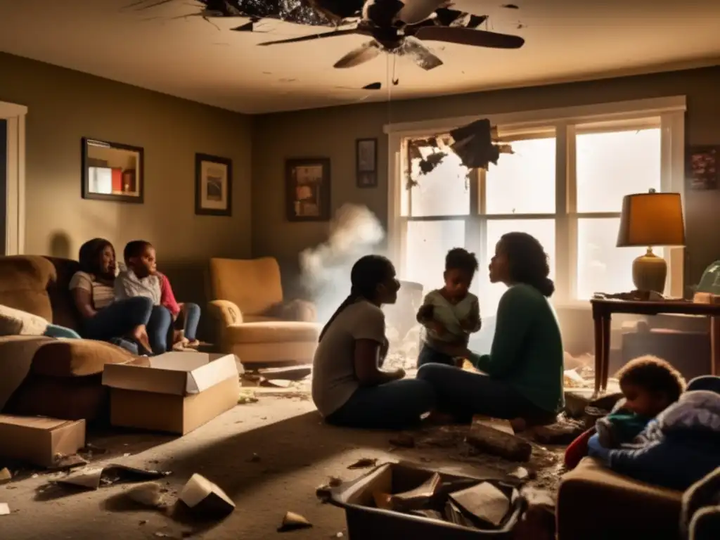 A family huddled together in a dimly lit living room, with debris flying through a shattered window, amidst smoke and chaos