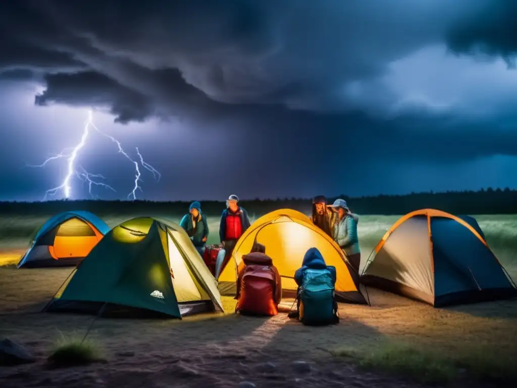 Group of determined campers huddled together in a campsite during a hurricane, while a powerful storm brews in the background