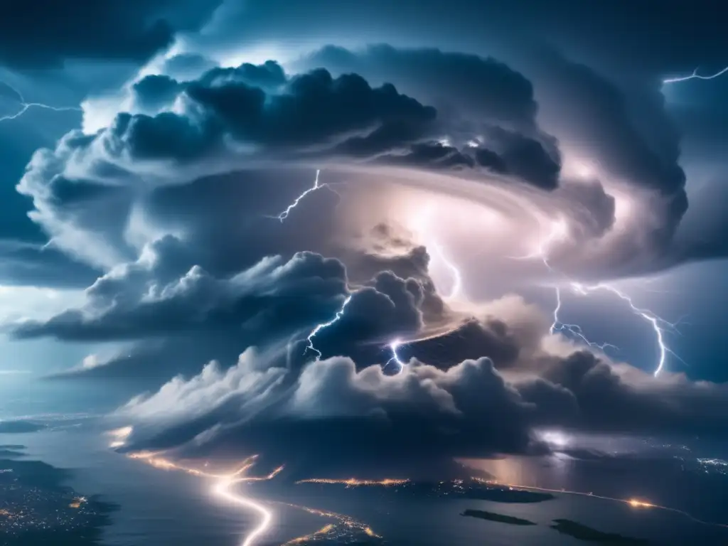 experience the fury of a hurricane from space, swirling clouds and lightning illuminate the dark sky in this breathtaking aerial shot