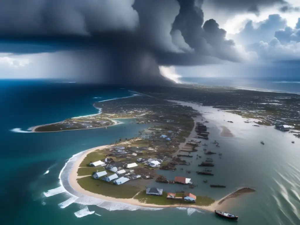 A dramatic aerial shot of the aftermath of a powerful hurricane, showing a devastated coastal town with storm clouds still circling above