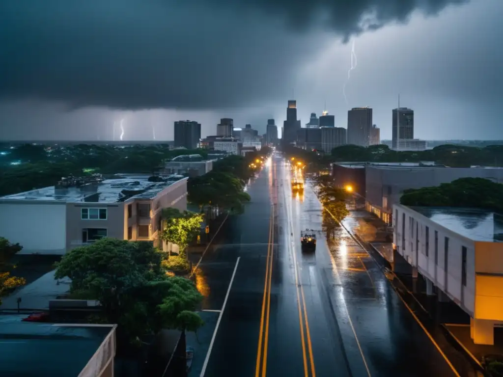 A somber cityscape at dawn, crippled by heavy rainfall and haunted by flickering street lights