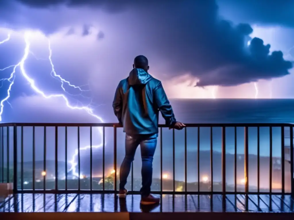 Amidst the tempest and chaos, a lone figure stands unwavering on the balcony, mere inches from the fury of the hurricane