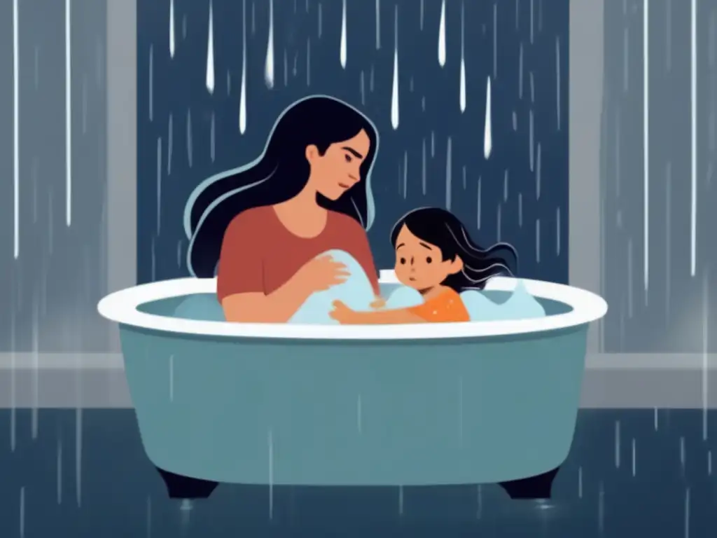 In the eye of the storm, a mother and her two frightened children find solace in a bathtub, as the wind howls and rain pours, the water slowly rising, and the room echoing with chaos outside