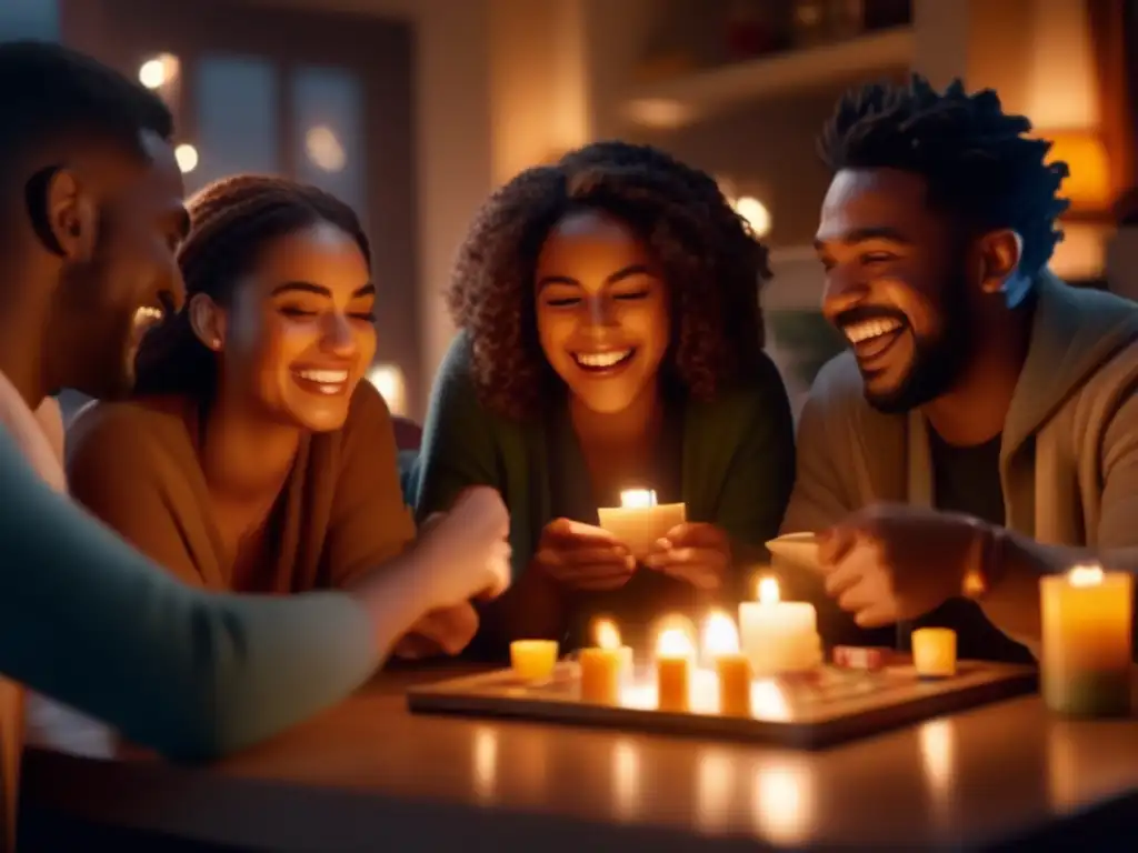 A group of cheerful people gathered around a candlelit table, dressed in comfortable and casual clothing, playing card games and board games while a hurricane rages outside